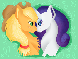 Size: 1680x1292 | Tagged: safe, artist:nastylittlecuss, applejack, rarity, earth pony, pony, unicorn, :t, blushing, chest fluff, eye contact, eyelashes, female, heart, lesbian, lidded eyes, looking at each other, rarijack, shipping, simple background, smiling