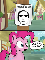 Size: 900x1200 | Tagged: safe, artist:linlaifeng, pinkie pie, earth pony, human, pony, comic, dialogue, ever dream this man, female, mare, ponyville, speech bubble, this man