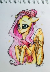 Size: 1106x1600 | Tagged: safe, artist:lantoor, fluttershy, pegasus, pony, bust, clothes, floppy ears, hat, looking at something, portrait, scarf, snow, snowfall, solo, traditional art, wings, winter, winter outfit