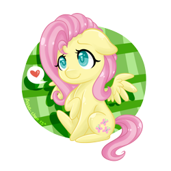 Size: 2000x2000 | Tagged: safe, artist:assa-chan, fluttershy, pegasus, pony, chibi, cute, floppy ears, heart, heart eyes, looking up, raised hoof, shyabetes, sitting, smiling, solo, spread wings, wingding eyes, wings