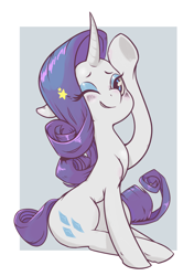 Size: 1280x1817 | Tagged: safe, alternate version, artist:twitchykismet, rarity, pony, unicorn, abstract background, blushing, curved horn, cute, female, floppy ears, horn, looking at you, mare, one eye closed, raribetes, sitting, smiling, solo, stars