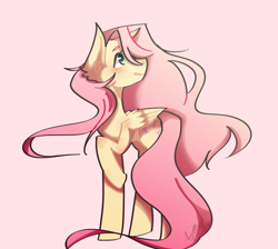 Size: 1024x918 | Tagged: safe, artist:toriline, fluttershy, pegasus, pony, folded wings, hair over one eye, head turn, looking away, looking up, raised hoof, simple background, smiling, solo, standing, wings