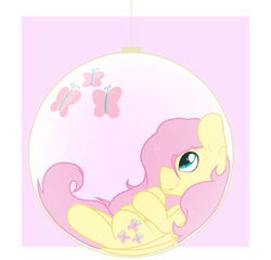 Size: 1600x1535 | Tagged: safe, artist:eivilpotter, fluttershy, pegasus, pony, christmas ball, cutie mark, female, looking up, mare, on back, ornament, profile, smiling, solo