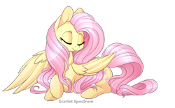 Size: 1024x633 | Tagged: safe, artist:scarlet-spectrum, fluttershy, pegasus, pony, crossed hooves, cute, eyes closed, female, head turn, mare, one wing out, prone, shyabetes, simple background, smiling, solo, transparent background, wings