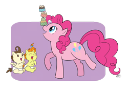 Size: 1500x1039 | Tagged: safe, artist:pdutogepi, pinkie pie, pound cake, pumpkin cake, pony, balancing, cupcake, food, ponies balancing stuff on their nose, simple background, sitting, smiling, transparent background