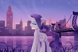 Size: 1920x1280 | Tagged: safe, artist:emeraldgalaxy, rarity, pony, unicorn, bridge, building, chest fluff, city, cute, dock, ear fluff, eyes closed, leg fluff, manehattan, profile, raribetes, smiling, solo, water