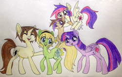 Size: 1526x972 | Tagged: safe, artist:ameliacostanza, derpibooru import, twilight sparkle, oc, oc:ben parker sparkle, oc:mayday parker sparkle, alicorn, earth pony, pegasus, pony, unicorn, crossover, gwen stacy, marvel, offspring, parent:peter parker, parent:twilight sparkle, parents:spidertwi, peter parker, ponified, spider-gwen, spider-man, spiders and magic iv: the fall of spider-mane, spiders and magic: rise of spider-mane, spidertwi, traditional art