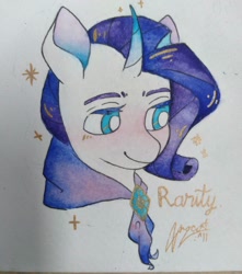 Size: 1080x1221 | Tagged: safe, artist:sohan_the_dog, rarity, pony, unicorn, bust, clothes, curved horn, female, horn, mare, scarf, signature, smiling, solo, traditional art