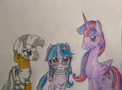 Size: 3642x2696 | Tagged: safe, artist:freakyfredover9000, derpibooru import, twilight sparkle, twilight sparkle (alicorn), zecora, oc, alicorn, hybrid, pony, zebra, zony, family, female, interspecies offspring, lesbian, magical lesbian spawn, mare, offspring, older, parent:twilight sparkle, parent:zecora, parents:twicora, shipping, traditional art, twicora