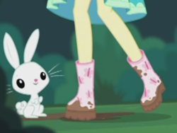 Size: 2048x1536 | Tagged: safe, angel bunny, fluttershy, butterfly, better together, equestria girls, stressed in show, stressed in show: fluttershy, boots, legs, mud, muddy, pictures of legs, raised leg, shoes