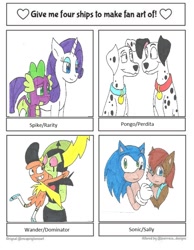 Size: 722x932 | Tagged: safe, artist:cmara, rarity, spike, dragon, pony, unicorn, 101 dalmatians, female, lord dominator, male, perdita finn, pongo, sally acorn, shipping, sonic the hedgehog, sonic the hedgehog (series), sparity, straight, wander (wander over yonder), wander over yonder