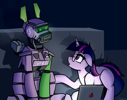 Size: 3900x3050 | Tagged: safe, artist:whitepone, derpibooru import, spike, twilight sparkle, robot, :o, apple (company), blank flank, chappie, computer, crossover, floppy ears, glasses, high res, laptop computer, macbook, messy mane, open mouth, sitting