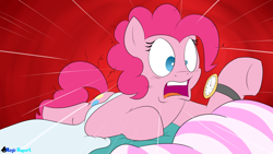 Size: 2560x1440 | Tagged: safe, artist:rupertbluefox, pinkie pie, earth pony, pony, series:30 dayz of pinks, bed, female, late, mare, messy mane, pillow, prone, red background, shocked, simple background, solo, watch