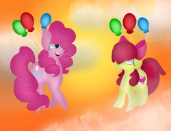 Size: 2500x1920 | Tagged: safe, artist:littlelynxs04, apple bloom, pinkie pie, pony, balloon, cloud, floating, then watch her balloons lift her up to the sky