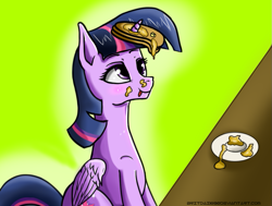 Size: 923x698 | Tagged: safe, artist:tincantim, derpibooru import, twilight sparkle, twilight sparkle (alicorn), alicorn, pony, castle sweet castle, :p, eyes on the prize, female, food, horn impalement, i'm pancake, looking up, mare, pancakes, sitting, smiling, solo, tongue out