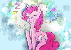 Size: 2507x1763 | Tagged: safe, artist:hellspice, pinkie pie, earth pony, pony, abstract background, confetti, one eye closed, solo, wink