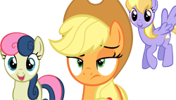 Size: 12377x7020 | Tagged: safe, artist:cyanlightning, applejack, bon bon, cloud kicker, sweetie drops, earth pony, pony, the mane attraction, .svg available, absurd resolution, simple background, smiling, transparent background, unamused, vector