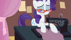 Size: 673x379 | Tagged: safe, artist:vanripper, rarity, pony, unicorn, fanfic:like fine wine, animated at source, curtains, fabric, fanfic, female, flash, mare, rarity's glasses, sewing machine, solo