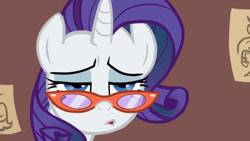 Size: 673x379 | Tagged: safe, artist:vanripper, rarity, pony, unicorn, fanfic:like fine wine, animated at source, bust, fanfic, female, flash, looking at you, mare, portrait, rarity's glasses, solo, tired