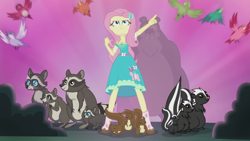 Size: 1920x1080 | Tagged: safe, screencap, fluttershy, bear, bird, butterfly, raccoon, skunk, squirrel, better together, equestria girls, stressed in show, stressed in show: fluttershy, animal, boots, female, geode of fauna, mud, muddy, shoes, songbird