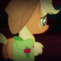 Size: 614x618 | Tagged: safe, screencap, applejack, earth pony, pony, somepony to watch over me, cropped, female, freckles, mare, plot, saddle bag, solo