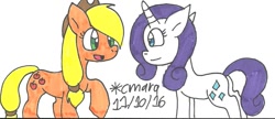 Size: 1098x474 | Tagged: safe, artist:cmara, applejack, rarity, earth pony, pony, unicorn, female, horn, mare, traditional art