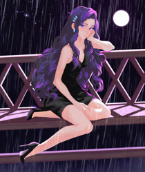 Size: 1654x1968 | Tagged: safe, artist:elii116, rarity, human, fanfic:demons and desires, beautiful, bench, clothes, cutie mark, dress, ear piercing, earring, full moon, hairclip, high heels, humanized, jewelry, legs, little black dress, moon, night, piercing, rain, shoes, sitting, solo, stars