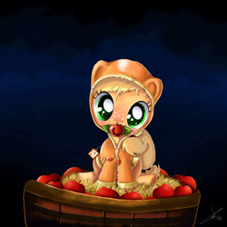 Size: 3000x3000 | Tagged: safe, artist:shogundun, applejack, earth pony, pony, apple, barrel, clothes, cute, female, filly, filly applejack, foal, food, freckles, hay, hoodie, jackabetes, pacifier, shogundun is trying to murder us, signature, solo, that pony sure does love apples, weapons-grade cute, younger