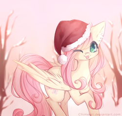 Size: 900x852 | Tagged: safe, artist:chimeeri, fluttershy, pegasus, pony, christmas, cute, ear fluff, female, hat, holiday, mare, one eye closed, santa hat, shyabetes, smiling, solo, tongue out, wink