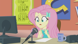 Size: 1920x1080 | Tagged: safe, screencap, fluttershy, better together, equestria girls, fluttershy's butterflies, fluttershy's butterflies: rainbow dash, coffee mug, computer, female, geode of fauna, magical geodes, microphone, microphone stand, mug, solo
