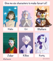 Size: 1043x1207 | Tagged: safe, artist:moshishii.s, rarity, anthro, bird, human, owl, pony, unicorn, animal crossing, anthro with ponies, bedroom eyes, blathers, bowtie, clothes, clown, crossover, eri, female, haku, hands together, hunter x hunter, killua zoldyck, makeup, male, mare, my hero academia, raised hoof, six fanarts, smiling, spirited away, the joker