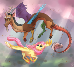 Size: 1383x1267 | Tagged: safe, artist:ingabygvh, discord, fluttershy, draconequus, pegasus, pony, chocolate, chocolate rain, colored hooves, crepuscular rays, discoshy, duo, female, flying, food, looking at each other, male, rain, realistic horse legs, shipping, sky, smiling, spread wings, straight, unshorn fetlocks, windswept hair, windswept mane, wings