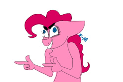 Size: 600x400 | Tagged: safe, artist:sodadoodle, derpibooru exclusive, pinkie pie, anthro, dark eyes, derp, female, finger gun, finger guns, fingers, floppy ears, hand, simple background, solo, teeth, thick eyebrows, wat, white background