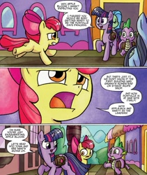 Size: 617x731 | Tagged: safe, artist:agnesgarbowska, derpibooru import, idw, apple bloom, spike, twilight sparkle, twilight sparkle (alicorn), alicorn, dragon, pony, spoiler:comic, spoiler:comic30, female, mare