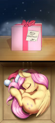 Size: 1417x3133 | Tagged: safe, artist:alcor, fluttershy, pegasus, pony, :o, air holes, alcor is trying to murder us, box, cheek fluff, christmas, curled up, cute, daaaaaaaaaaaw, dock, ear fluff, eyes closed, female, folded wings, gift horse, hat, hnnng, holiday, leg fluff, mare, on side, open mouth, pony in a box, present, santa hat, shoulder fluff, shyabetes, sleeping, smiley face, solo, underhoof, weapons-grade cute, wing fluff, zzz