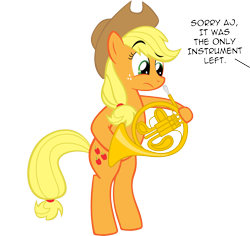 Size: 3183x3000 | Tagged: safe, artist:supermatt314, applejack, earth pony, pony, bipedal, french horn, horn, musical instrument, simple background, solo, transparent background