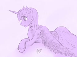 Size: 1600x1200 | Tagged: safe, artist:stirren, derpibooru import, twilight sparkle, twilight sparkle (alicorn), alicorn, pony, cloud, monochrome, prone, resting, sketch, solo