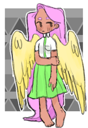 Size: 608x886 | Tagged: safe, artist:milky-rabbit, fluttershy, human, barefoot, blushing, clothes, feet, female, humanized, skirt, solo, winged humanization, wings