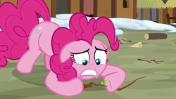 Size: 1280x720 | Tagged: safe, screencap, pinkie pie, pony, not asking for trouble, floppy ears, solo, twig