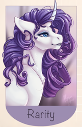 Size: 700x1086 | Tagged: safe, alternate version, artist:ronyardraws, rarity, pony, unicorn, bust, chest fluff, cropped, curved horn, eyeshadow, female, floppy ears, horn, makeup, mare, offscreen character, profile, six fanarts, smiling