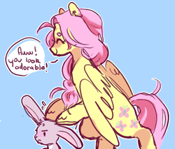 Size: 907x775 | Tagged: safe, artist:milky-rabbit, angel bunny, fluttershy, pegasus, pony, rabbit, annoyed, blue background, dialogue, eyes closed, female, happy, mare, petting, simple background, smiling, solo, speech bubble