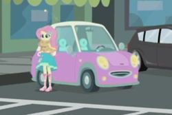 Size: 300x200 | Tagged: safe, screencap, fluttershy, cat, better together, driving miss shimmer, driving miss shimmer: fluttershy, equestria girls, car, cropped, fluttershy's car