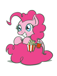 Size: 1350x1800 | Tagged: safe, artist:flutterluv, pinkie pie, earth pony, pony, cup, cute, diapinkes, female, food, grin, mare, pinkie pie day, popcorn, simple background, sitting, smiling, soda, solo, straw, transparent background