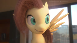 Size: 1920x1080 | Tagged: safe, artist:aidelank, fluttershy, pegasus, pony, 3d, 3ds max, city, room, smiling, unintentionally creepy, window