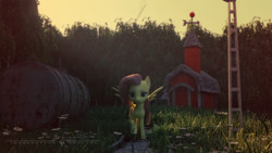 Size: 1920x1080 | Tagged: safe, artist:aidelank, fluttershy, pegasus, pony, 3d, 3ds max, barn, barrel, crepuscular rays, female, grass, ladder, mare, sad