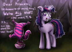 Size: 1575x1125 | Tagged: safe, artist:wdeleon, derpibooru import, twilight sparkle, unicorn twilight, cat, pony, unicorn, alice in wonderland, cheshire cat, crossover, magic, twilight snapple