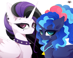 Size: 5040x4000 | Tagged: safe, artist:xsatanielx, princess celestia, princess luna, alicorn, pony, between dark and dawn, 80s, 80s hair, 80s princess luna, alternate hairstyle, celestia is not amused, choker, duo, eyeliner, female, folded wings, frown, glare, jewelry, makeup, mare, necklace, punklestia, rcf community, royal sisters, sisters, smiling, spiked choker, unamused, wings