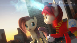 Size: 1920x1080 | Tagged: safe, artist:aidelank, fluttershy, oc, oc:laura emund, pegasus, pony, unicorn, 3d, 3ds max, :p, city, clothes, eye contact, female, glasses, glowing horn, looking at each other, magic, mare, open mouth, scarf, smiling, socks, tongue out