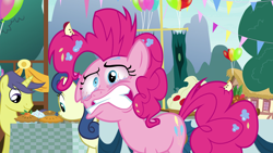 Size: 1920x1080 | Tagged: safe, screencap, bon bon, pinkie pie, sweetie drops, pony, secrets and pies, balloon, bloodshot eyes, food, pie, ponyville