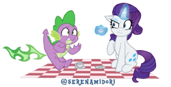 Size: 1280x650 | Tagged: safe, artist:serenamidori, rarity, spike, dragon, pony, unicorn, embarrassed, fart, female, fire, fire fart, green fire, levitation, magic, male, mare, picnic, picnic blanket, simple background, sitting, sweat, telekinesis, transparent background